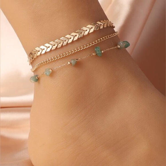 3 Piece Anklet Set Gold Jade Tone Stone Arrow Design AN01 - Picture 4 of 4